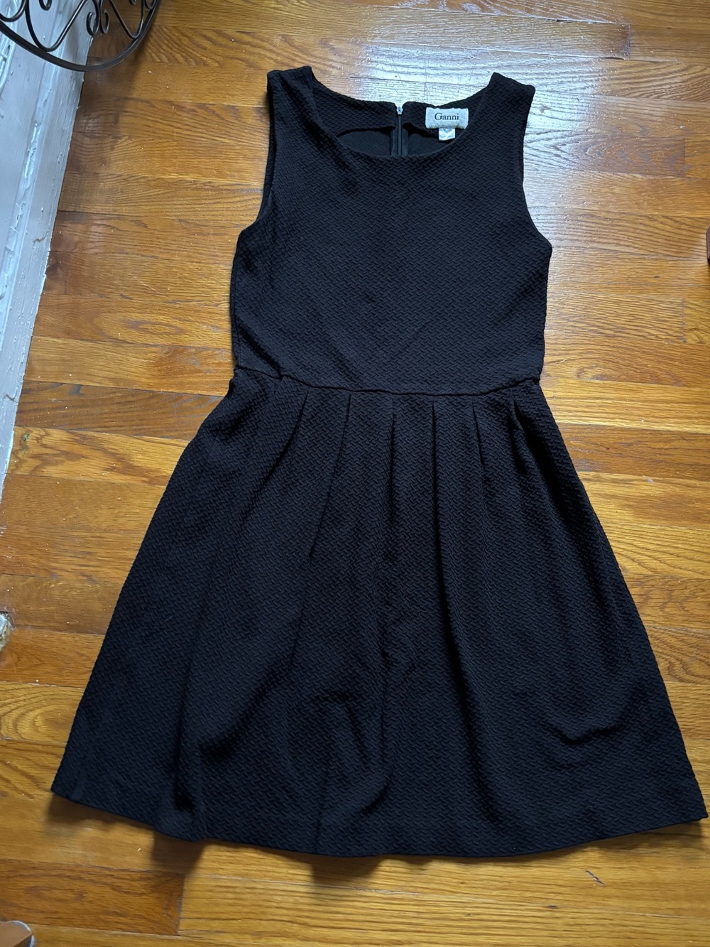 Ganni Black Sleeveless Textured Fit-and-Flare Mini Dress